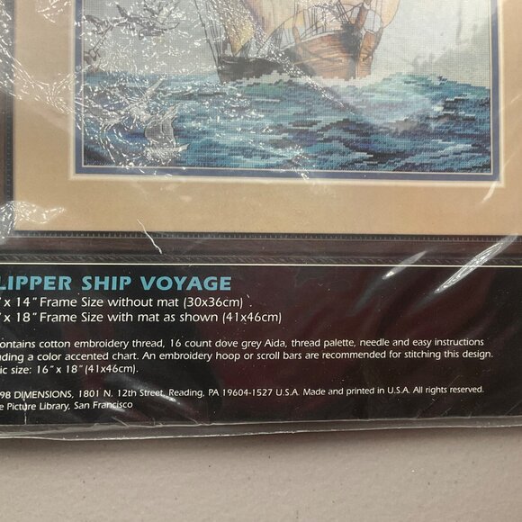 VTG 90'Dimensions Counted Cross Stitch Kit Clipper Ship Voyage 16"x18" Nautical - Picture 4 of 8